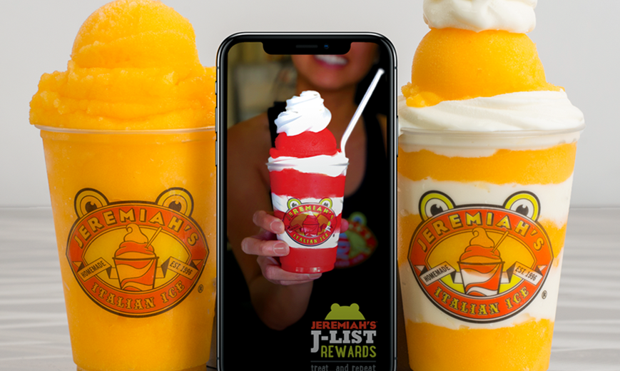Photo of rewards app on phone screen between two orange Jeremiah’s Italian Ice treats